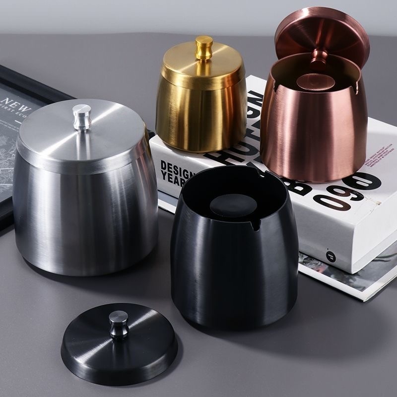 Picture of Ashtray Creative Gift Large Round Hotel Home Gold with Lid Heightened Stainless Steel Ashtray High-End
