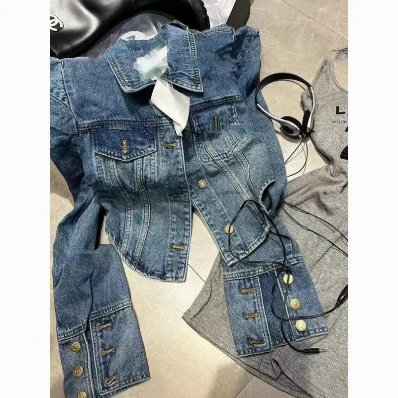Vintage Heavy Industry Right Angle Jacket Short Denim New Style Fried Street American Loose Casual All-match Pad Shoulder Top Jacket
