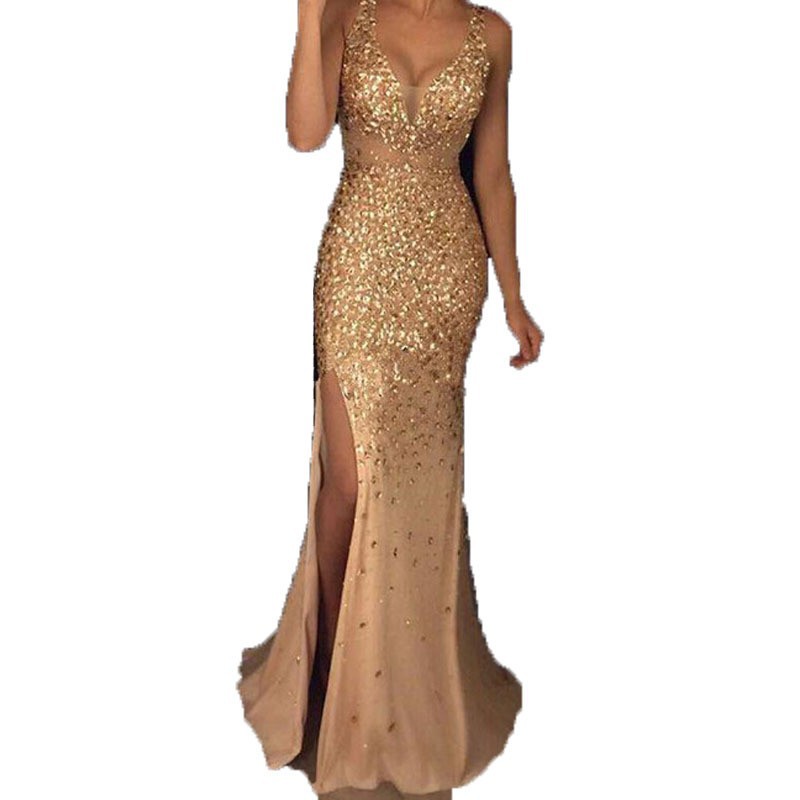 Picture of 2025 Amazon Spring New European and American Foreign Trade Women's Slit Gold Dress Long Skirt Evening Dress