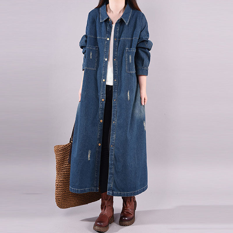 2023 Spring and Autumn Korean Style Loose Casual Denim Shirt Dress Women's Long Old and White Solid Color Coat Jacket