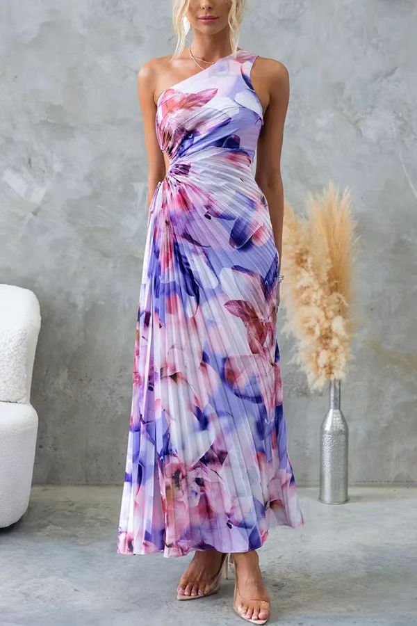Picture of European and American 2024 Women's New Fashion Solid Color Casual Sexy Elegant One-shoulder Oblique Collar Pleated Hollow Dress