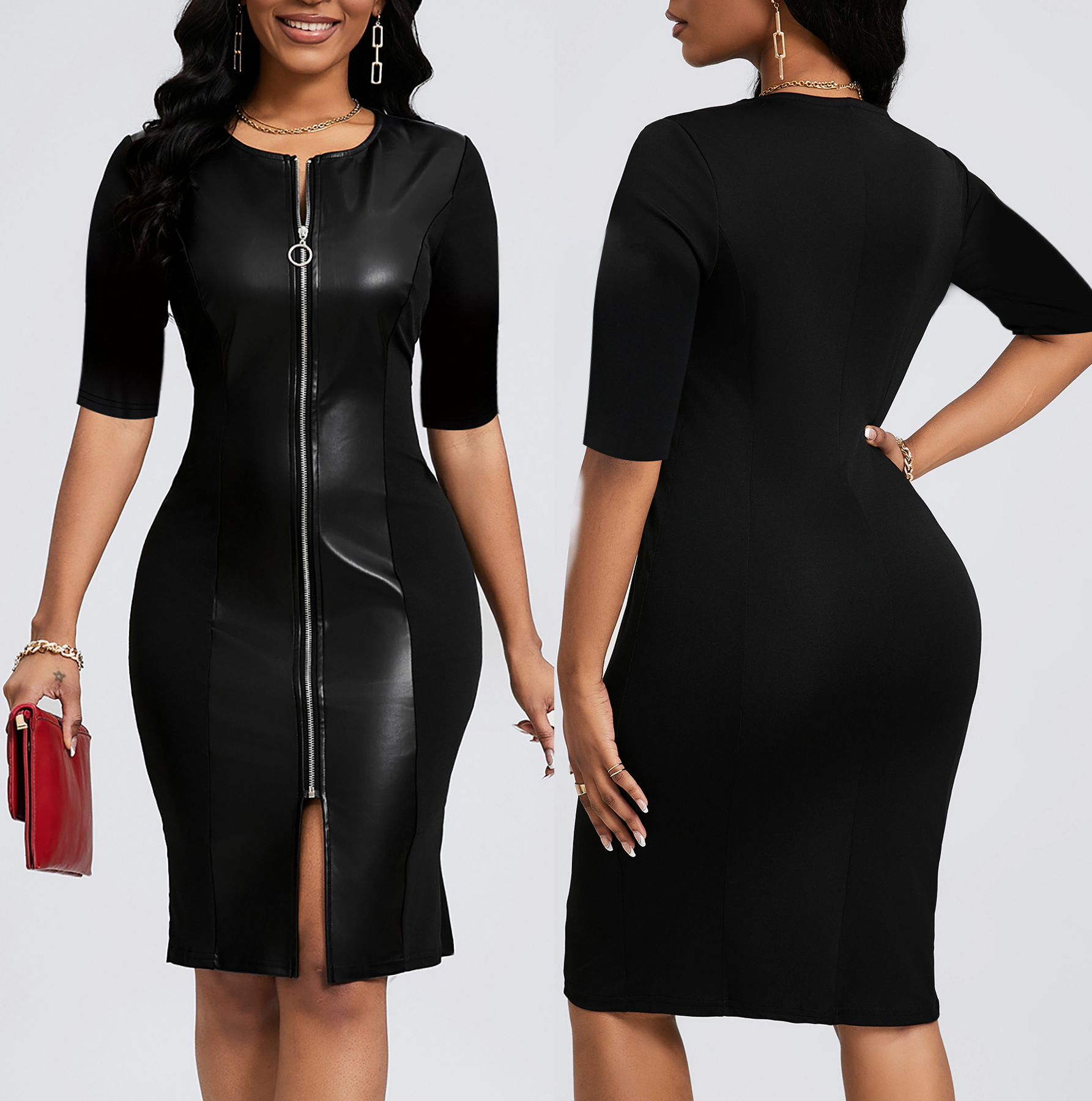 Cross-border Amazon European and American Women's Spring and Summer New Elegant Elegant Style Solid Color Leather plus size Sleeve dress