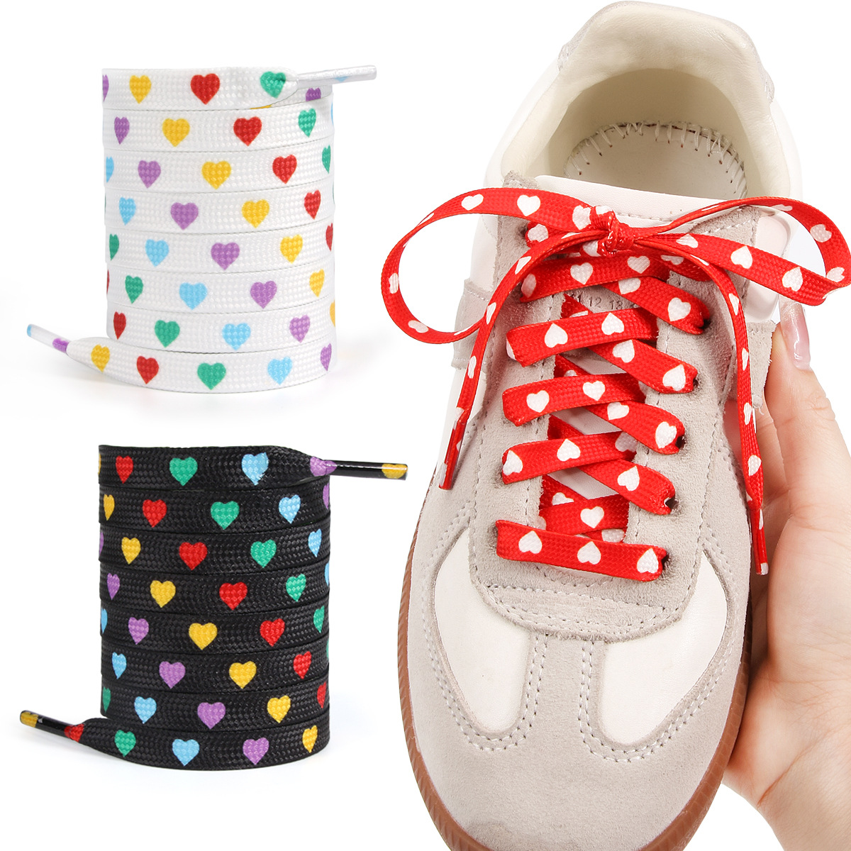 Heart-Shaped Shoelaces Suitable for Air Force One Af Colorful Black, White, and Red Wide Flat Shoelaces with Heart Print Pattern for Couples