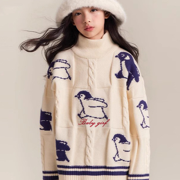 Girls Penguin Niche Twist Sweater Autumn and Winter 2025 New High Collar Western Style Knitwear Top