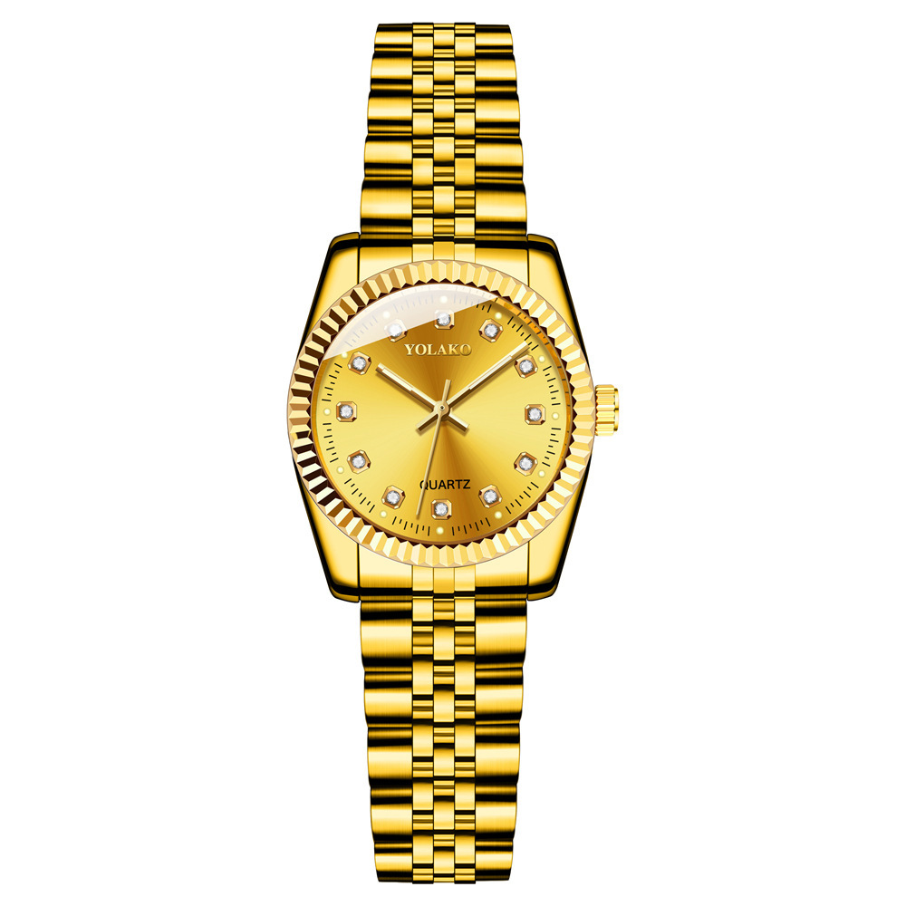Picture of Diamond Face Steel Band Calendar Watch Women's Simple Casual Student Fashion Quartz Gold suit Men's Watch Couple