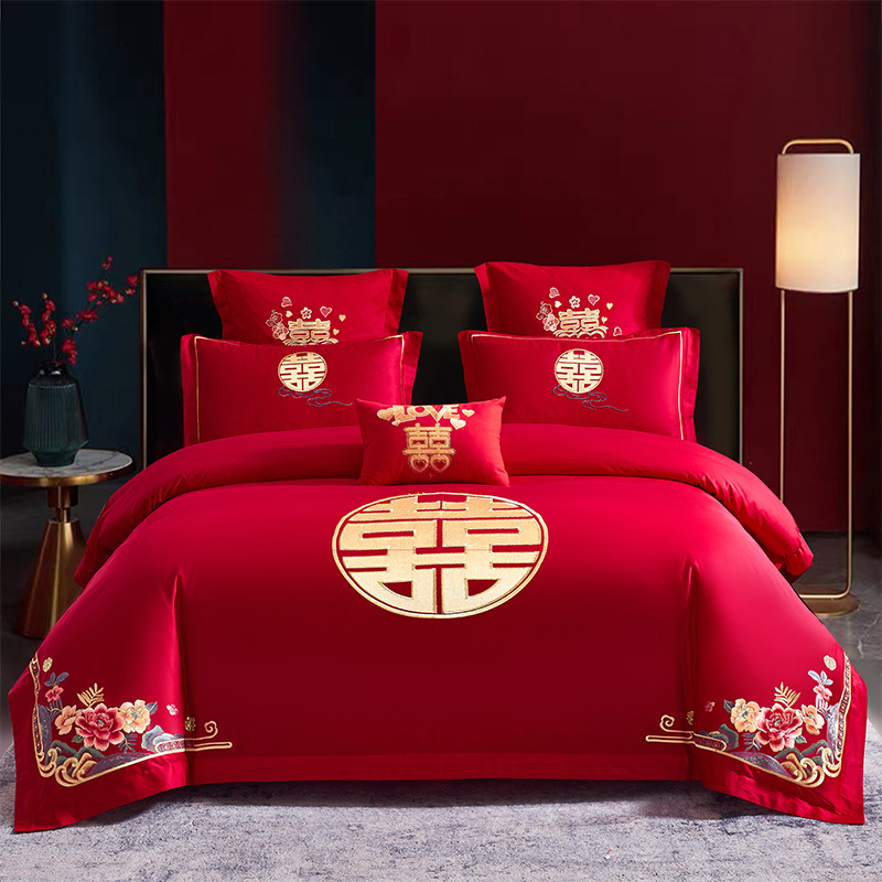 Picture of Wedding Four-Piece Set Embroidered Wedding Pure Cotton Bright Red Wedding Room Embroidered Bedding Quilt Bedding