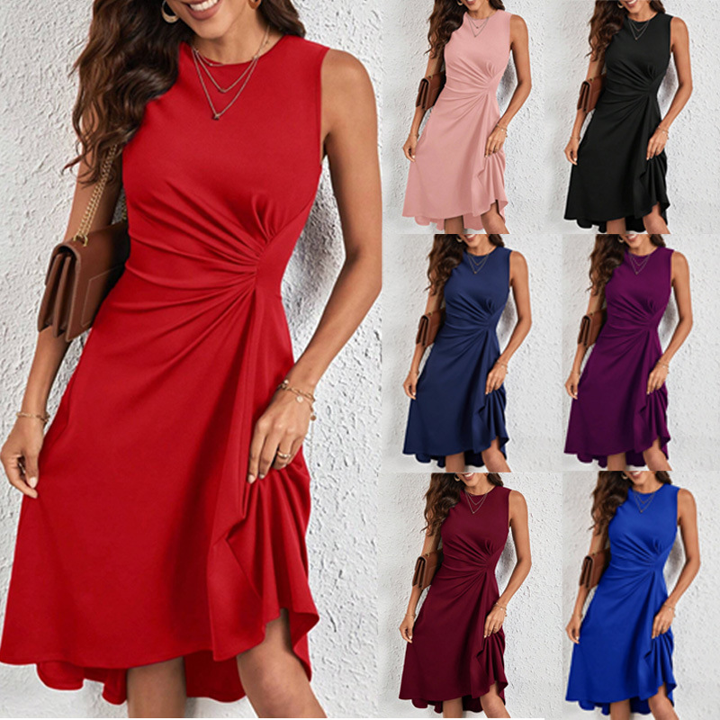 2025 summer Europe and America Amazon cross-border women's summer new fashion sleeveless solid color A word wrinkle dress