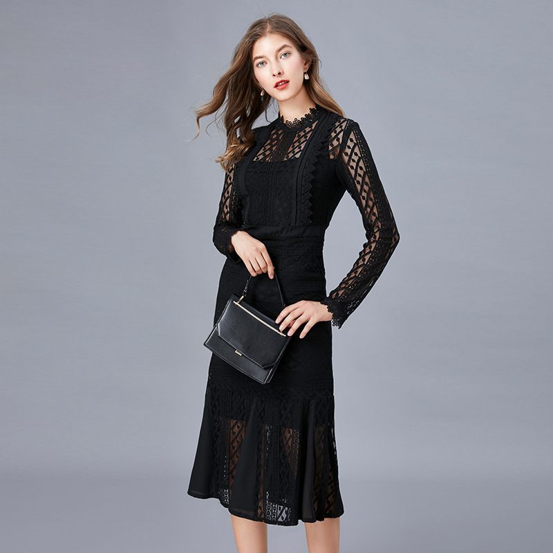 Picture of Amazon Foreign Trade Large Size Lace Dress Women's Spring and Autumn New Fashionable Fishtail Base Long Dress 200