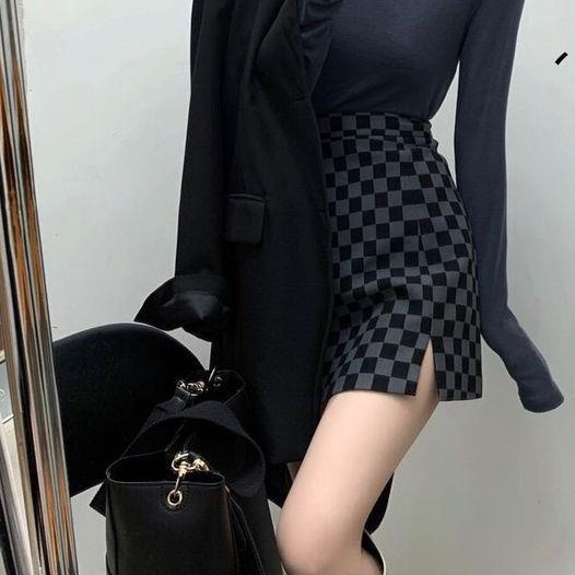 Chessboard Plaid A- Line Skirt 2022 New Korean Style High Waist Slim Hip Skirt Skirt Split Elegant Skirt Women