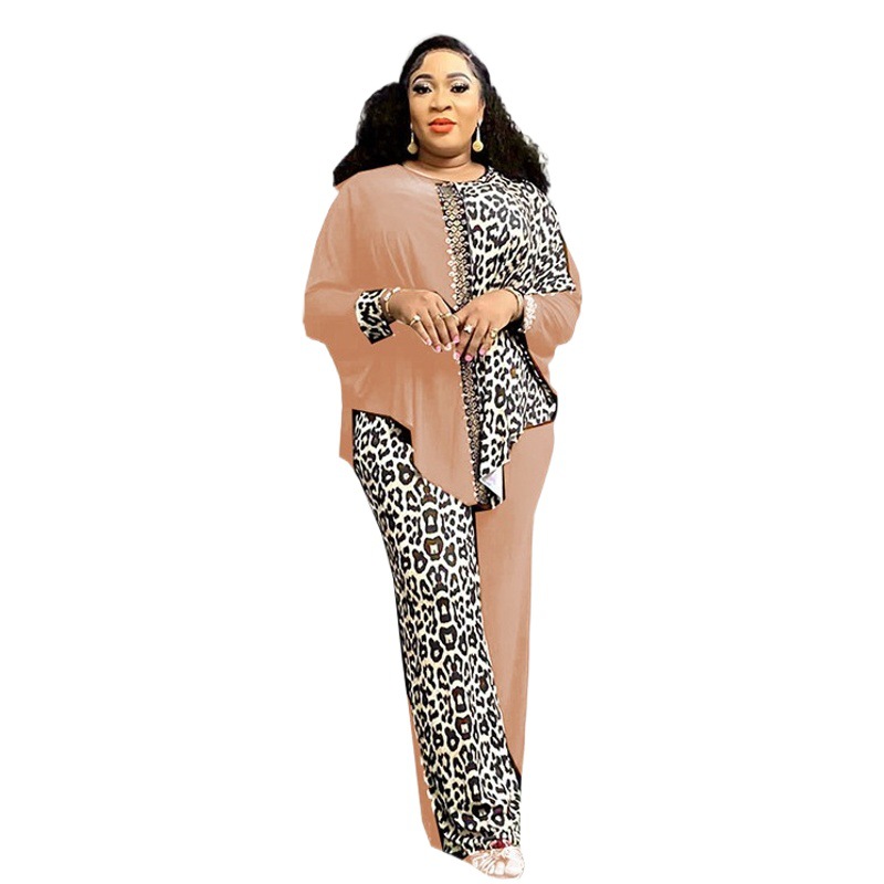 Cross-border Foreign Trade Europe, America and Africa plus size Loose Bat Sleeve Leopard Color Matching Rhinestone Top Pants suit