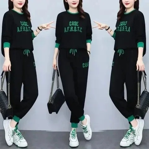 2025 New Large Size Women's Spring & Fall Sports Suit Loose Slimming Look Fashionable Casual Style Sweatshirt Age-Reducing Two-Piece Set