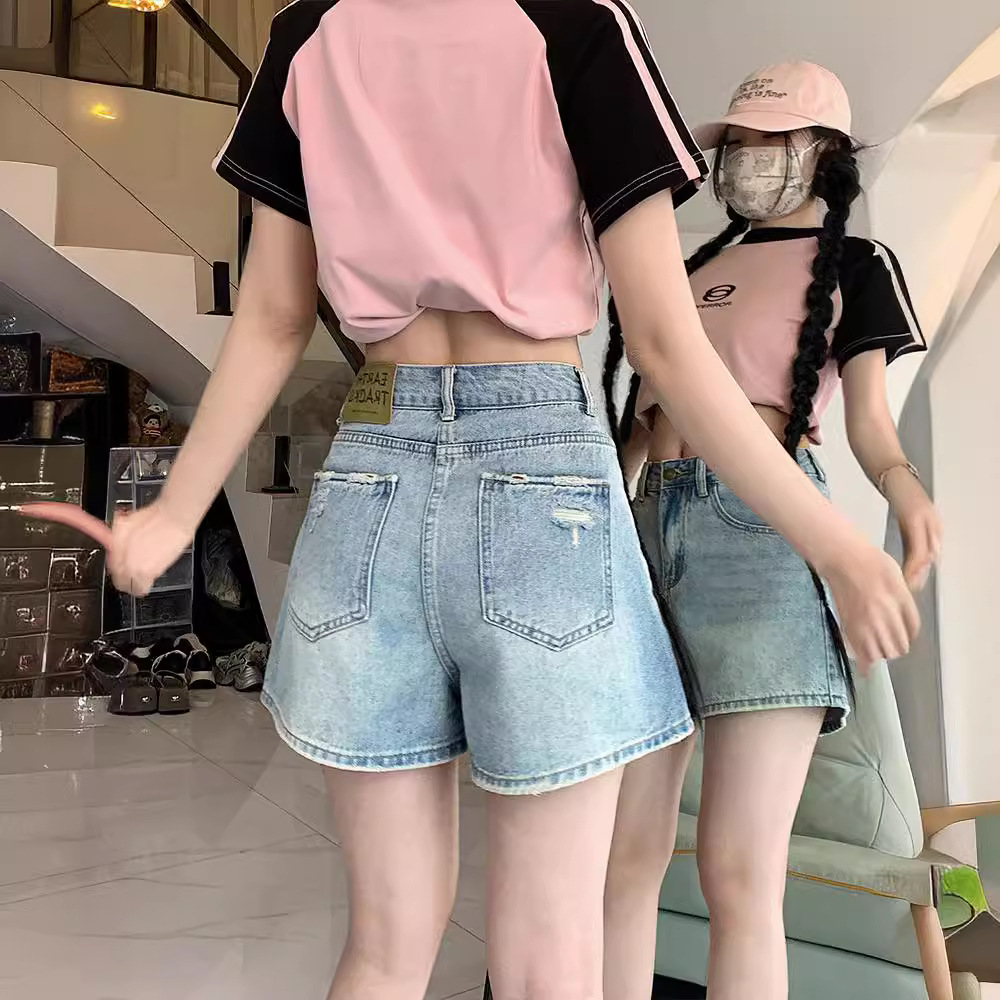 Denim Shorts Women's American Style New Summer High Waist Small Figure Flattering A Character Retro Hot Hot Hot Shorts Trendy