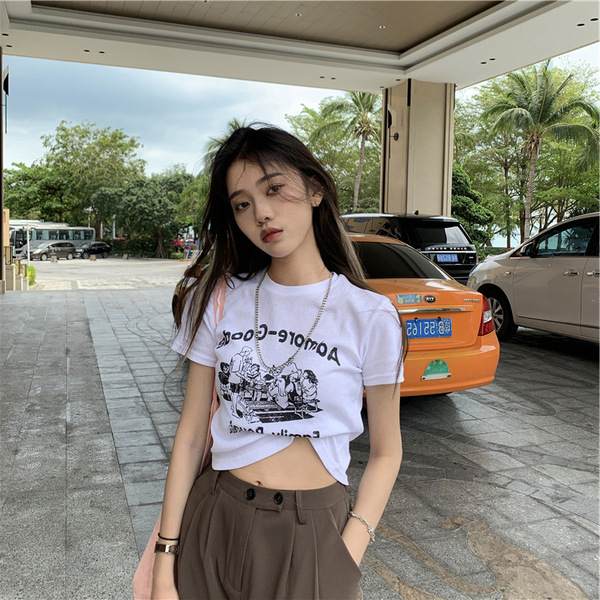 Short-sleeved T-shirt Women's 2025 Summer New Ins Fashionable Korean-style Half-sleeved Slim-fit High-waist Navel-exposed Short Student Top for Women
