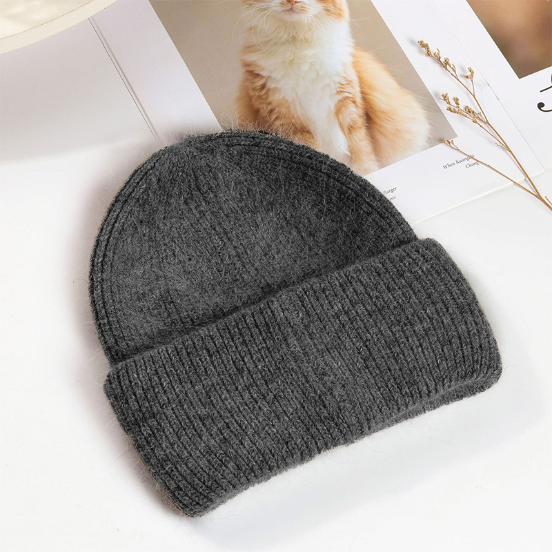 Picture of Korean Winter Knitted Hat with Large Brim for Women, Windproof Pullover Round-Top Adult Rabbit Fur Wool Hat