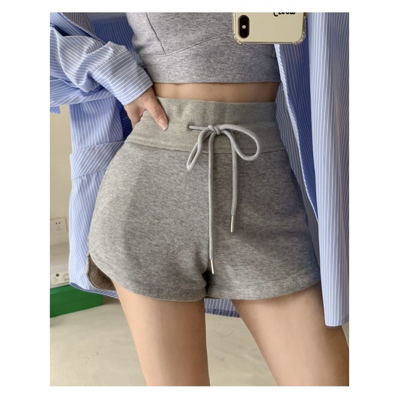 2024 Summer New Arrival Hong Kong Style Grey Sports Pants Women's All-Match Loose High Waist Drawstring Casual Straight Wide-Leg Shorts