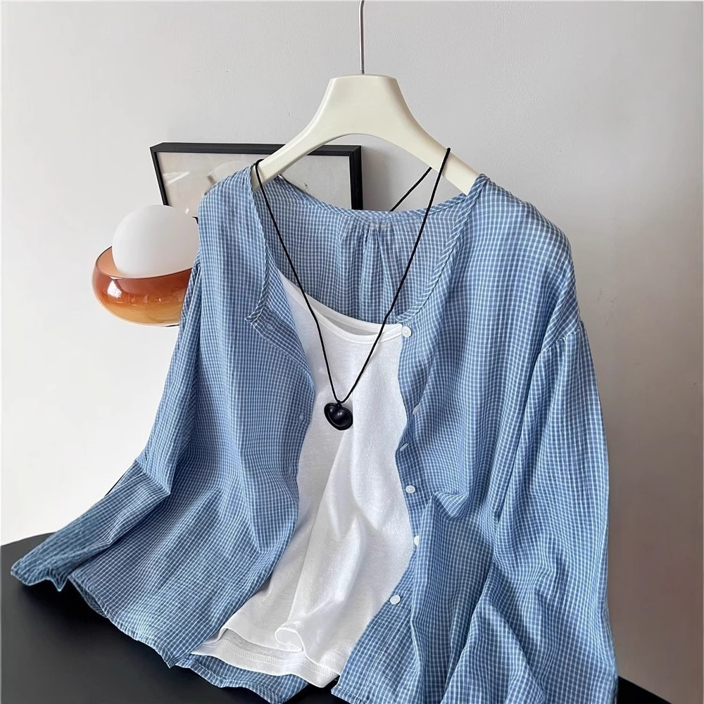 Picture of Korean Style Lazy Style Blue Plaid Long-Sleeved Sun Protection Shirt for Women Summer New Loose Shirt Casual Thin Top
