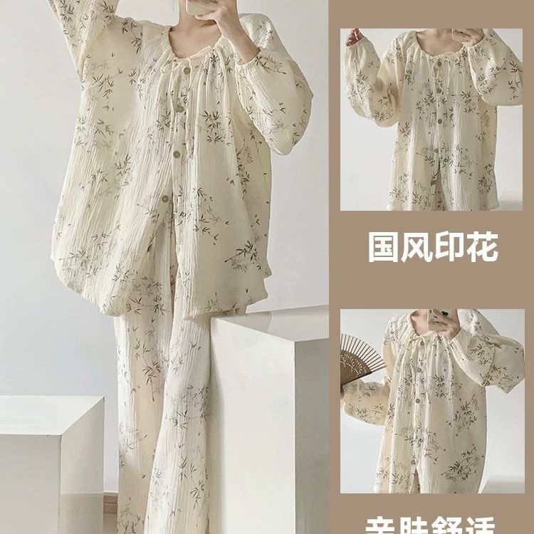 New Chinese Style Ins Style Pajamas Women's Spring and Autumn New Long Sleeve Trousers Sweet Floral Outfit Home Clothes
