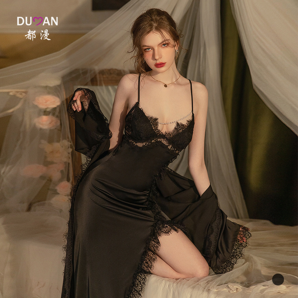 Velvet High-end Sense Internet-popular Big Naked Back Split Eyelash Bead Curtain Sexy Pajamas Women's Home Clothes Nightdress Sling Long Dress