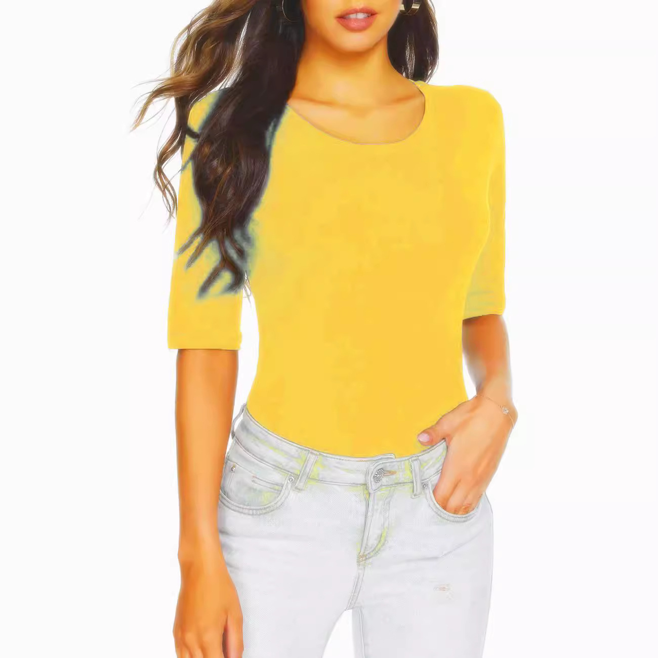 Picture of Cross-border 2024 Amazon wish European and American Foreign Trade Women's New Spring and Summer Casual Round Neck Five-point Sleeve Top for Women