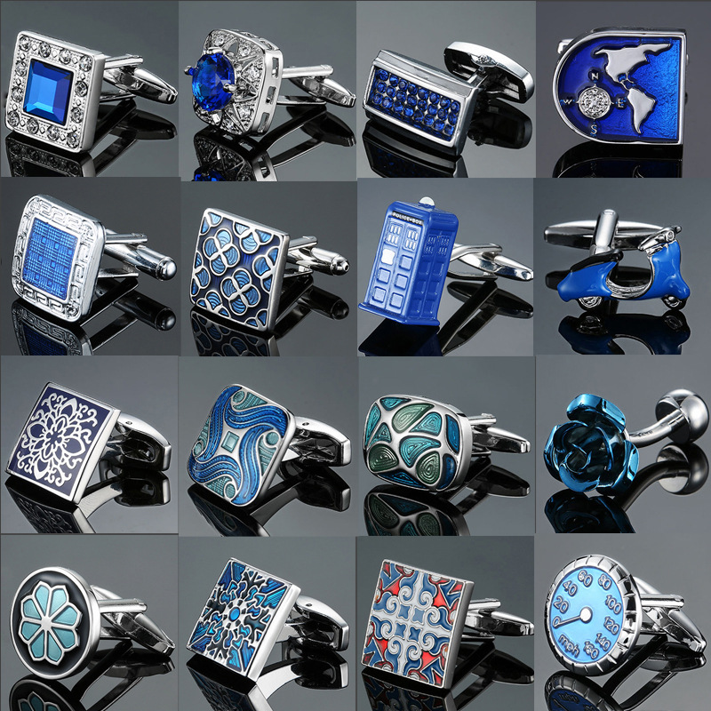 Picture of Glamour Jewelry Men's French Shirt Cufflinks Wholesale Blue Series Enamel Crystal Vintage Pattern Cufflinks