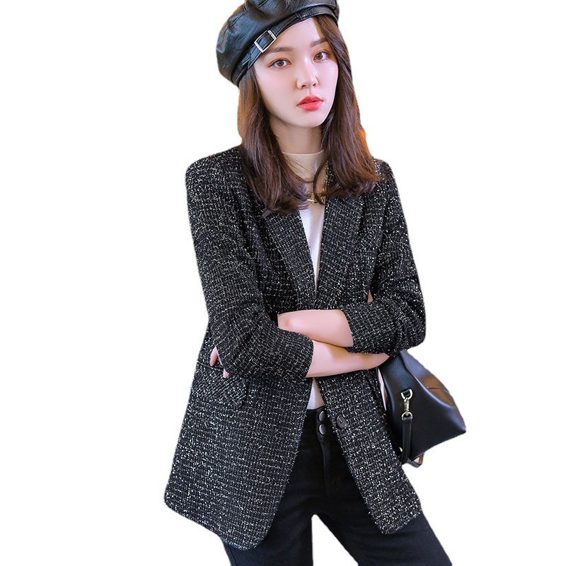 Picture of Autumn and winter leather temperament commuter blue Korean single-breasted suit collar solid color viscose thin temperament clothing