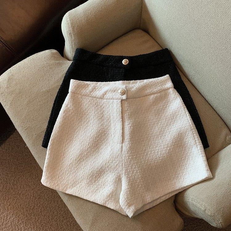 Black High Waist Slim A- line Thick Woolen Outer Wearing Shorts Women's Autumn and Winter New Style Small Fragrant A- line Casual Trendy Pants