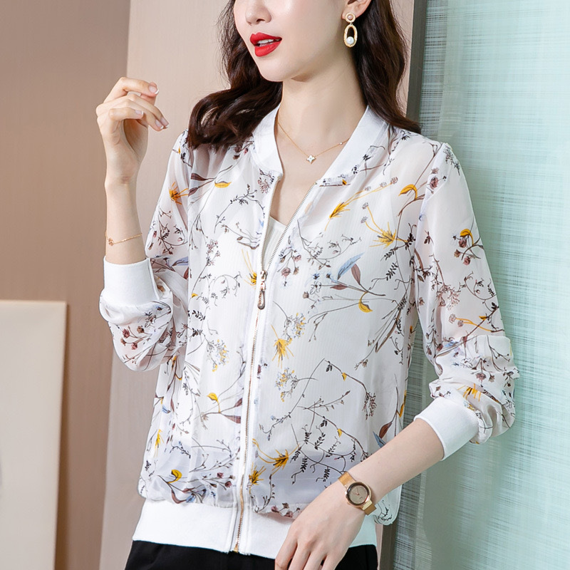 Picture of Chiffon thin air conditioning sun protection coat women's Korean-style long-sleeved zipper baseball uniform printed loose short coat
