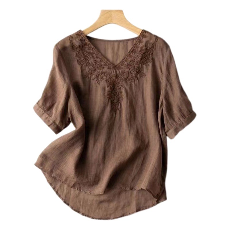 Cotton Linen Short-sleeved T-shirt Women's Summer New V-neck Embroidery Loose Thin Slim-fit Slimming plus size Women's Clothing