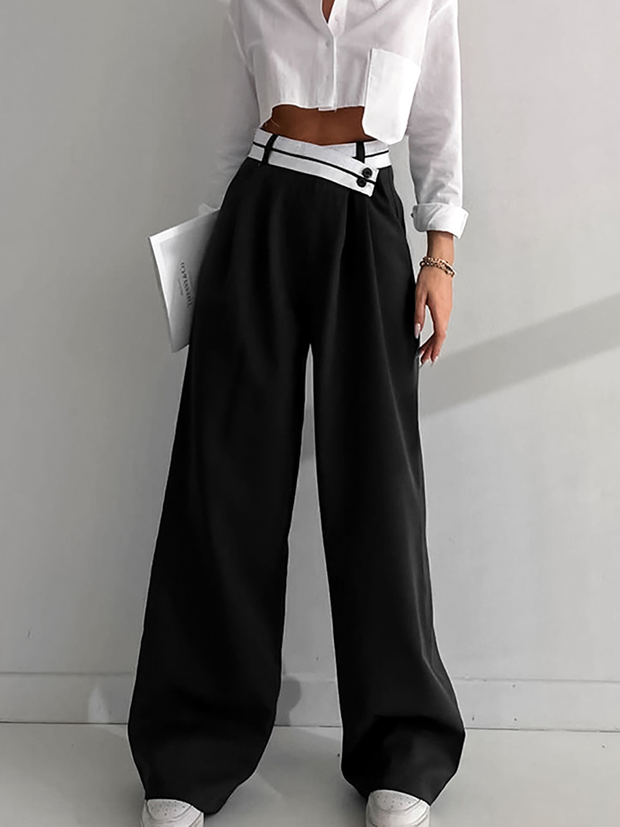 2025 Cross-Border American Street Contrasting Color Suit Pants for Women Spring Design High Waist Draped Wide Leg Casual Pants