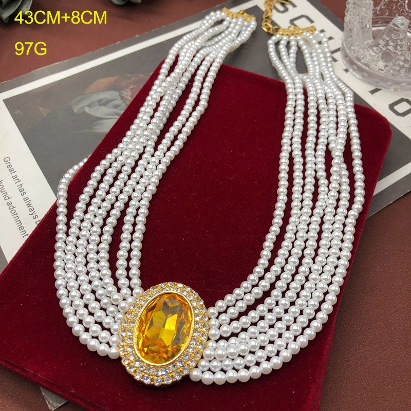 Picture of Classic Hepburn Style Multi-Layer Glazed Pearl Neck Chain Sapphire Gold Plated Clavicle Chain Silver Needle Ear Stud Ear Clip suit