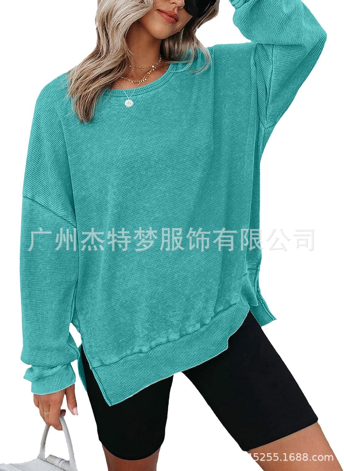 Picture of 2025 European and American Cross-Border Women's Clothing Amazon Autum New Round Neck Long-Sleeved Side Slit Waffle Sweatshirt T-Shirt for Women