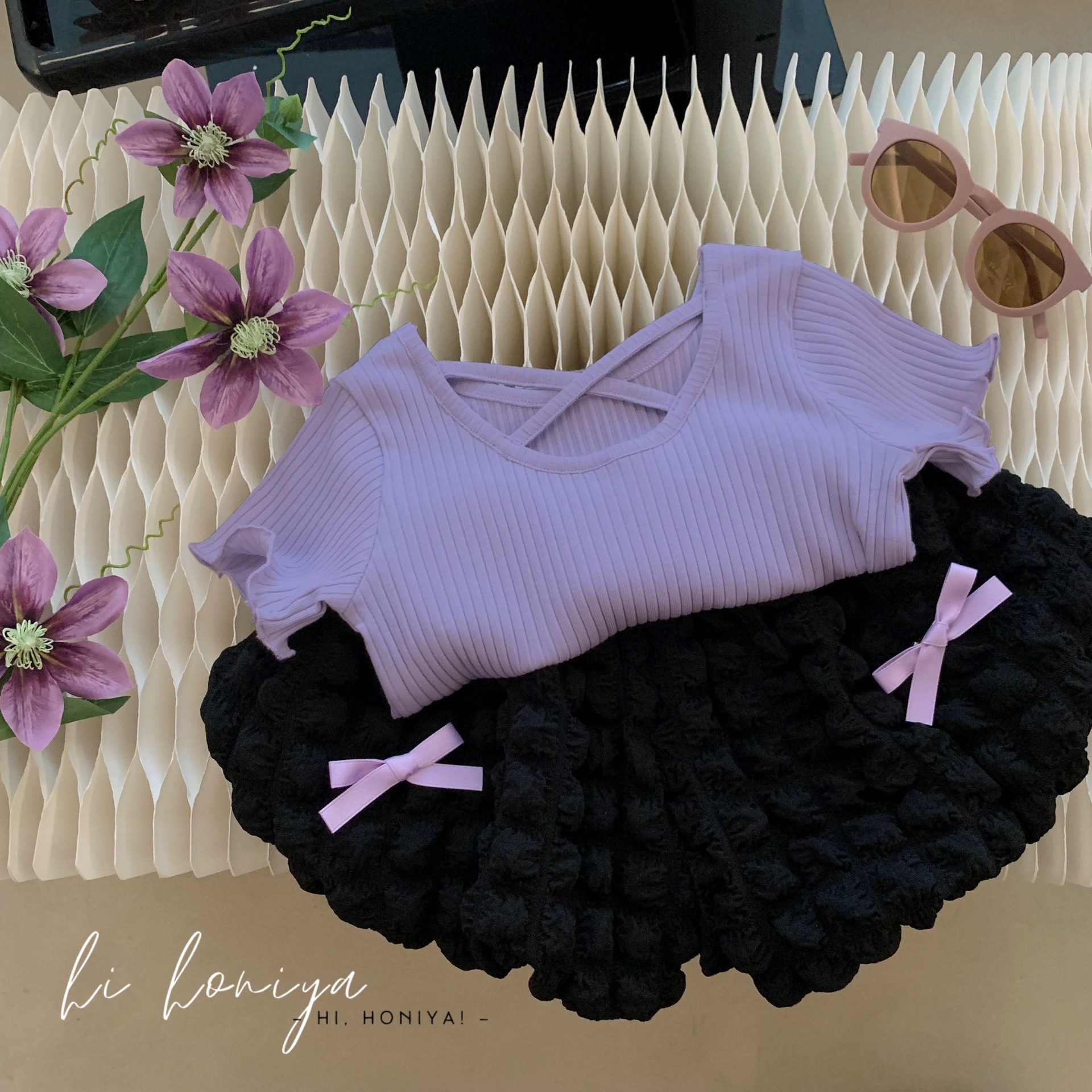 Picture of Girls' Summer Dress suit 2023 New Arrival Female Baby Korean Style Fashionable Short-sleeved Girl's Flower-bud Pants Summer Two-piece Set