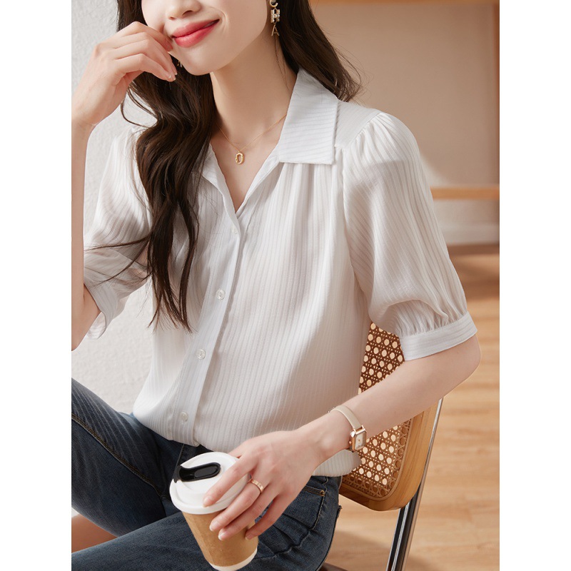 Picture of Half sleeve white shirt women's summer thin design V-neck shirt commuter shoulder short sleeve chiffon top
