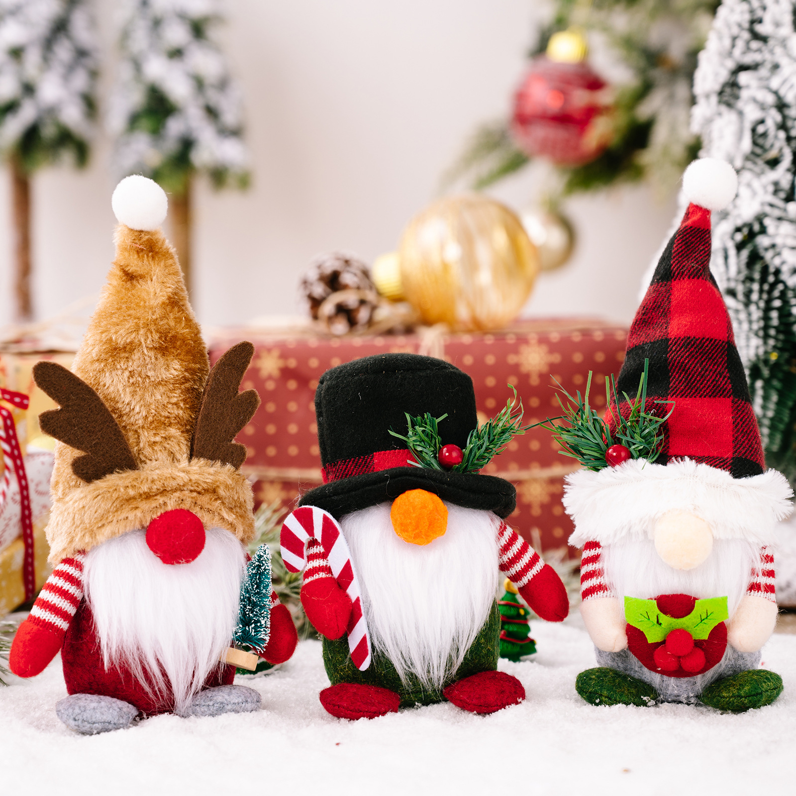 Haobei's New Christmas Decoration Supplies Plaid Hat Forest Old Man Ornaments Antlers Dwarf Rudolph Doll