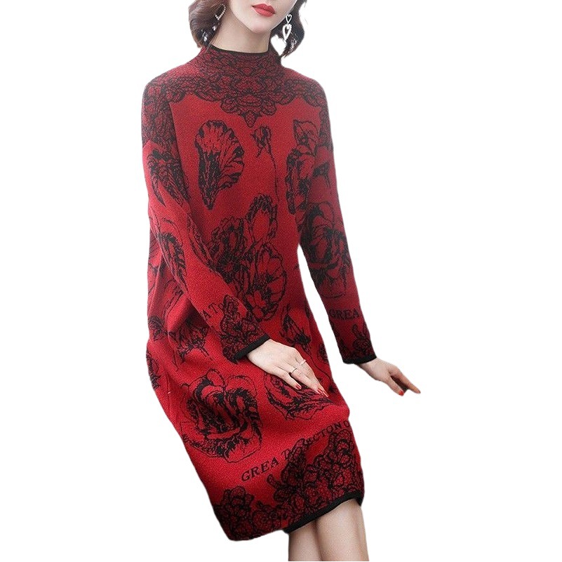 Autumn and Winter Mother Dress German Velvet Middle-aged Printed dress fleece-lined Thickened Loose plus size chubby girl Base Skirt Trendy