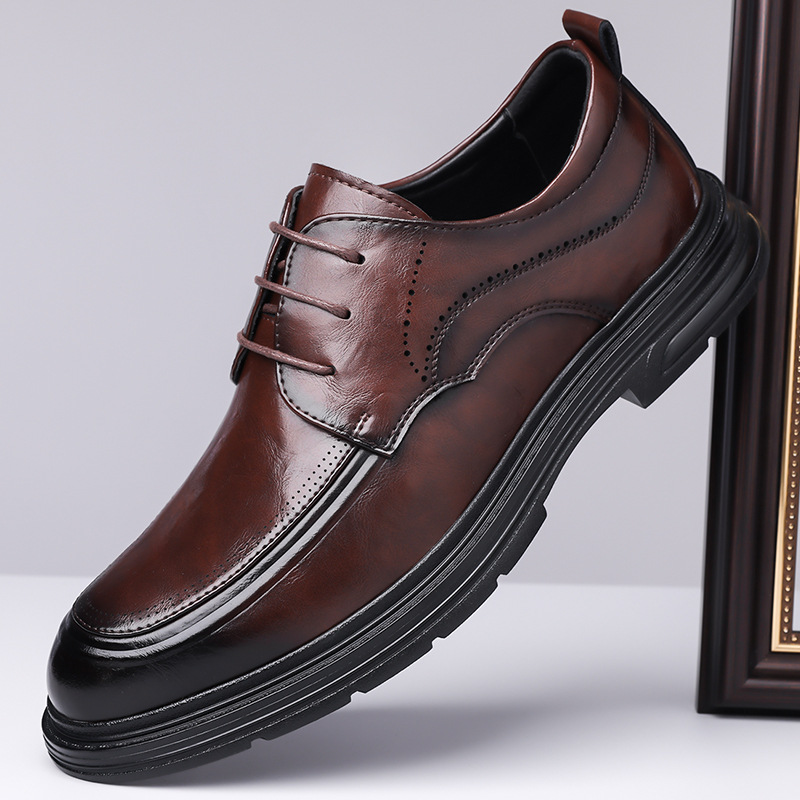 Men's Leather Shoes Business Dress Brown Lace-Up Commuter Work Shoes Men's British Suit Groom Wedding Men's Shoes