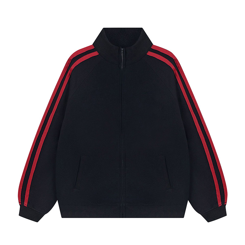 Picture of Korean version of the contrast color stand collar zipper sweater custom LOGO print three bar cardigan jacket overalls fleece-lined jacket