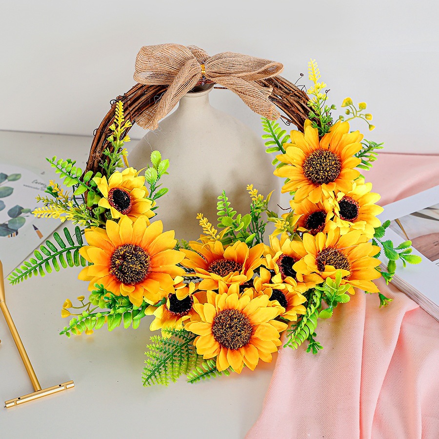 Jingchen Simulation Sunflower Wreath Bee Festival Sunflower Door Decoration Wall Semicircle Wreath Decoration Pendant