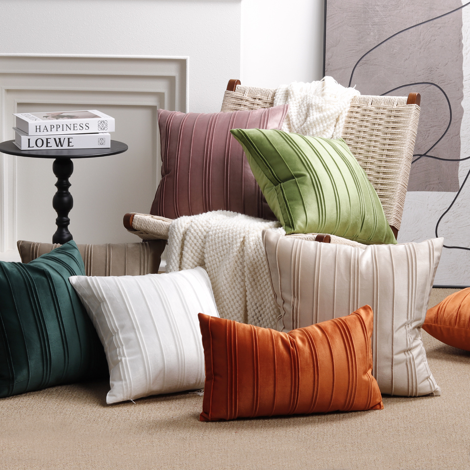 Striped decorative velvet pillow cover, modern minimalist style, living room decoration, cross-border hot sale temu generation