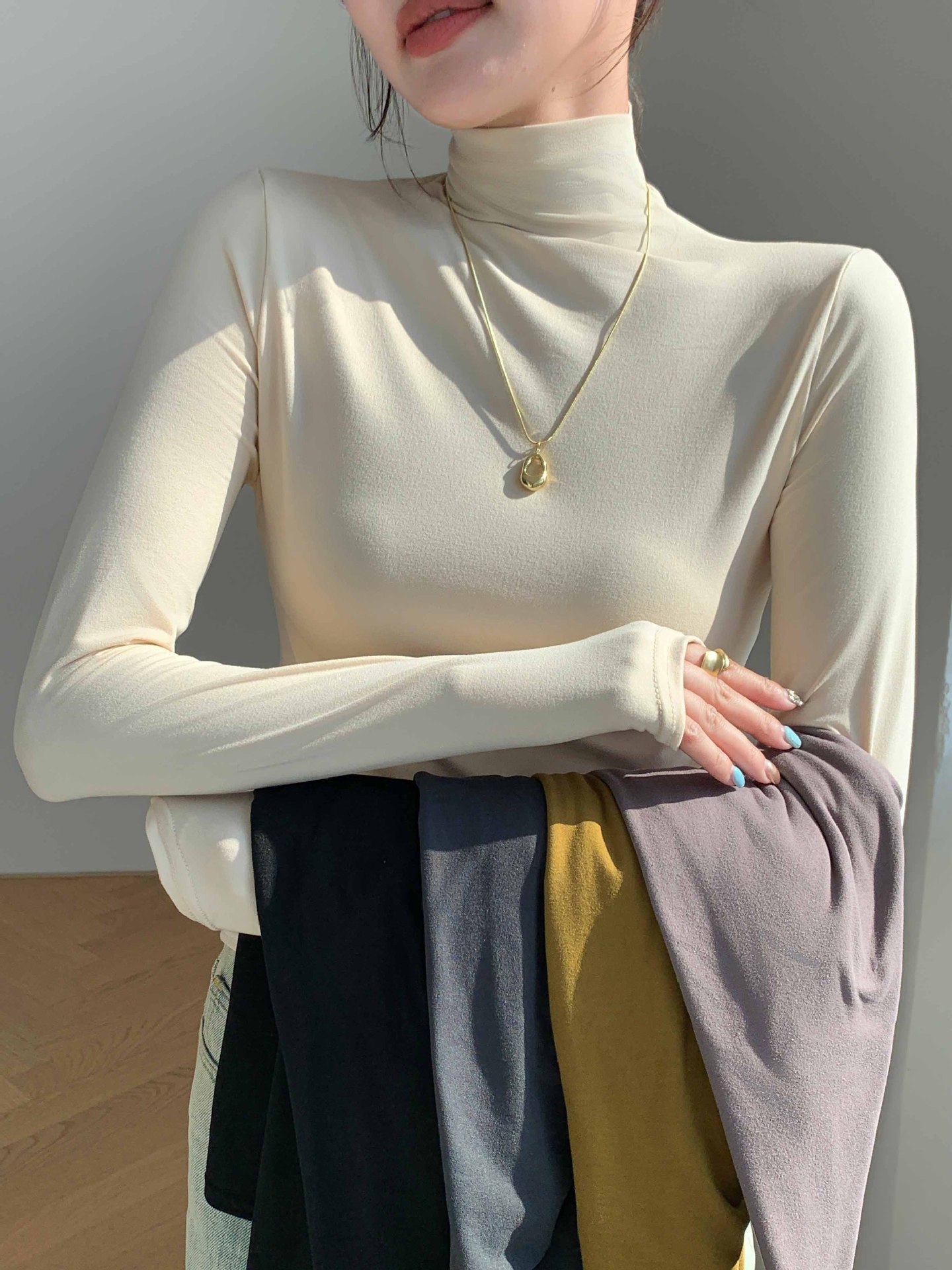 H528 Half-high Collar Mask Shirt Women's Inner Wear Autumn and Winter Sanding Base Shirt Slim-fit Warm Outer Wear Long-sleeved T-shirt Top