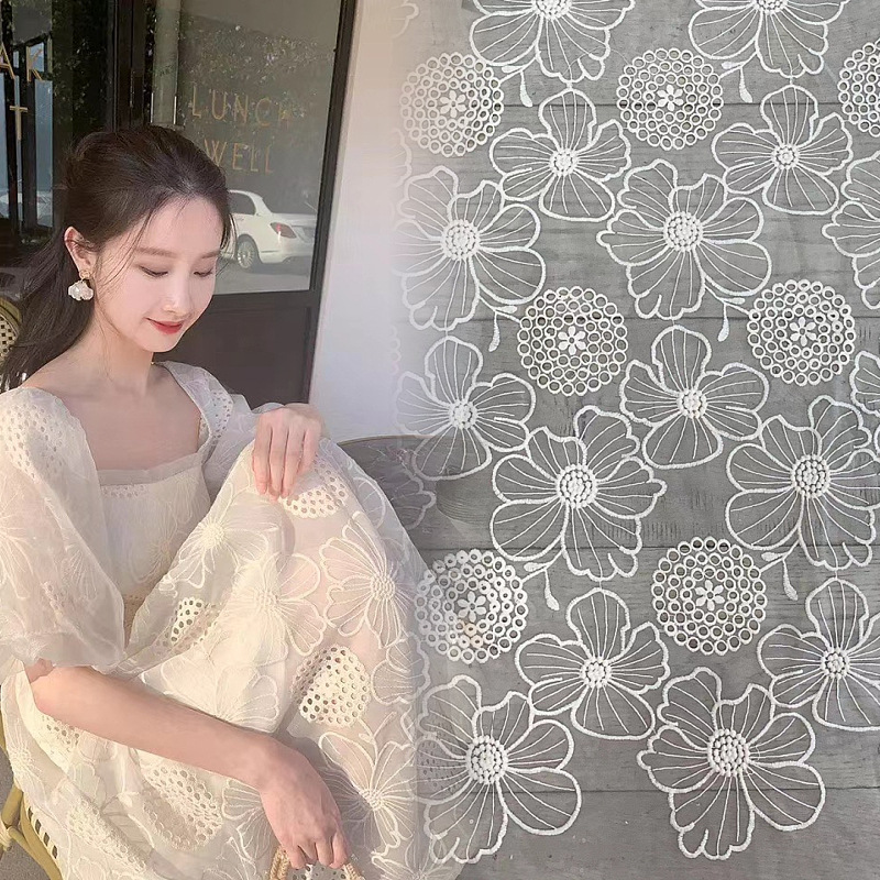 Water Soluble Milk Silk Mesh Lace Embroidered Fabric Hollow Lotus Chiffon Embroidered Fabric Dai Dress Fabric