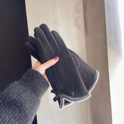 Picture of Gloves Women's Winter Korean-style Cute Bow Fleece-lined Thickened Warm Touch Screen Riding Driving Cold-proof Gloves