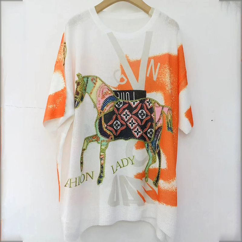 Picture of European 2024 Summer New plus size T-shirt Women's Belly Covering Loose Ethnic Style Simple Commuting Ins Short Sleeve Top