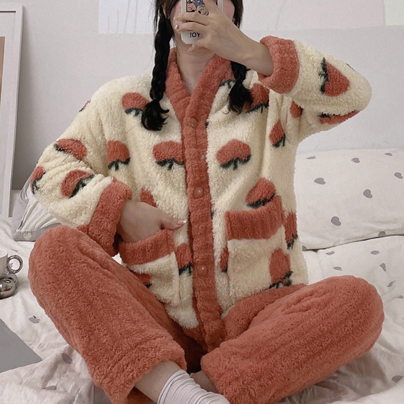 Online celebrity live pajamas women's winter thickened 300g peach coral fleece cardigan home wear flannel suit