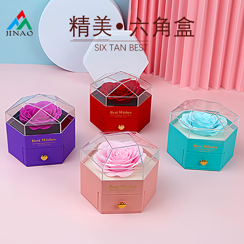 New hexagonal diamond rose flower box soap flower ring earring necklace jewelry box leather paper wholesale gift box