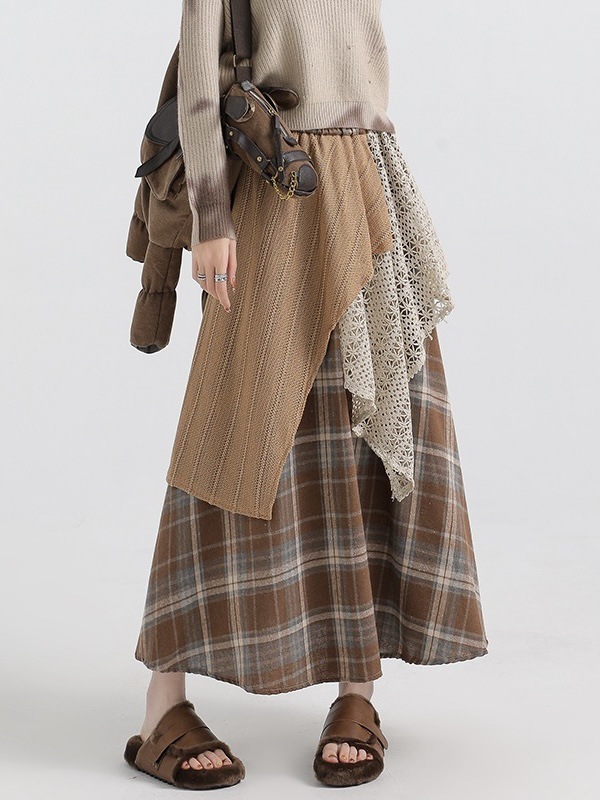 Forest Style Retro Plaid Skirt for Women 2025 New Autumn and Winter Design Asymmetrical Splicing High Waist A-Line Long Skirt