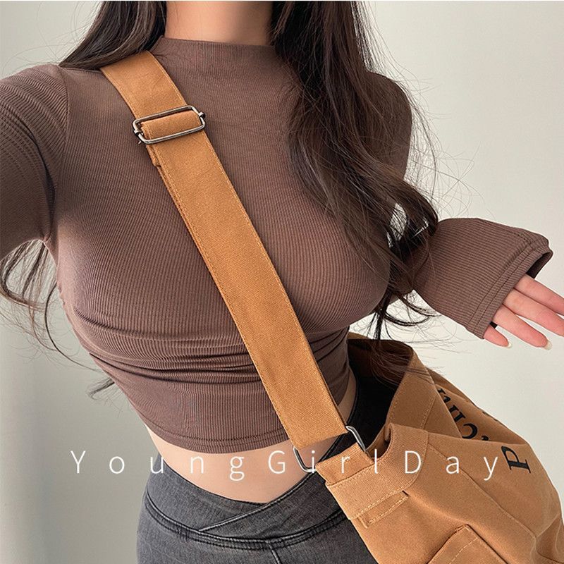Picture of Spicy Girl retro tight waist slimming bottoming shirt early spring new half turtleneck pleated short long sleeve inner wear