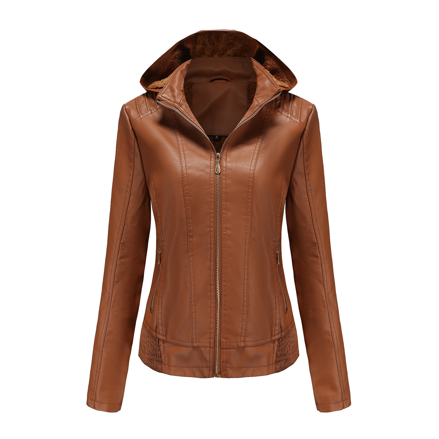 Picture of Fall 2022 Winter Hooded Leather Women's Removable Hat Zipper Long-sleeved fleece-lined Leather Jacket European-size Slim-fit Jacket Cross-border