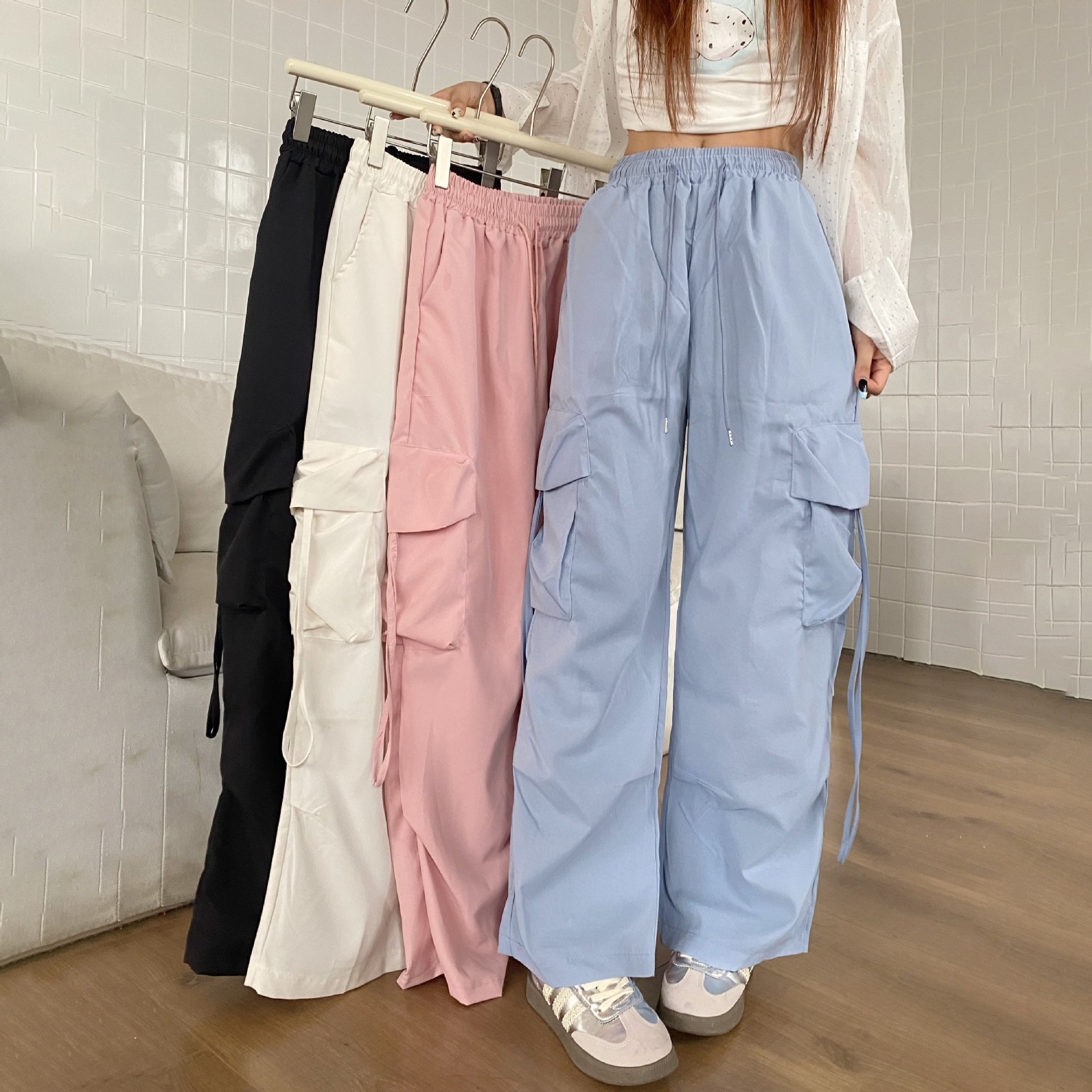 Solid Color American Retro Overalls Women's plus size chubby girl High Waist Design Sense Straight Loose Slimming Wide Leg Casual Pants
