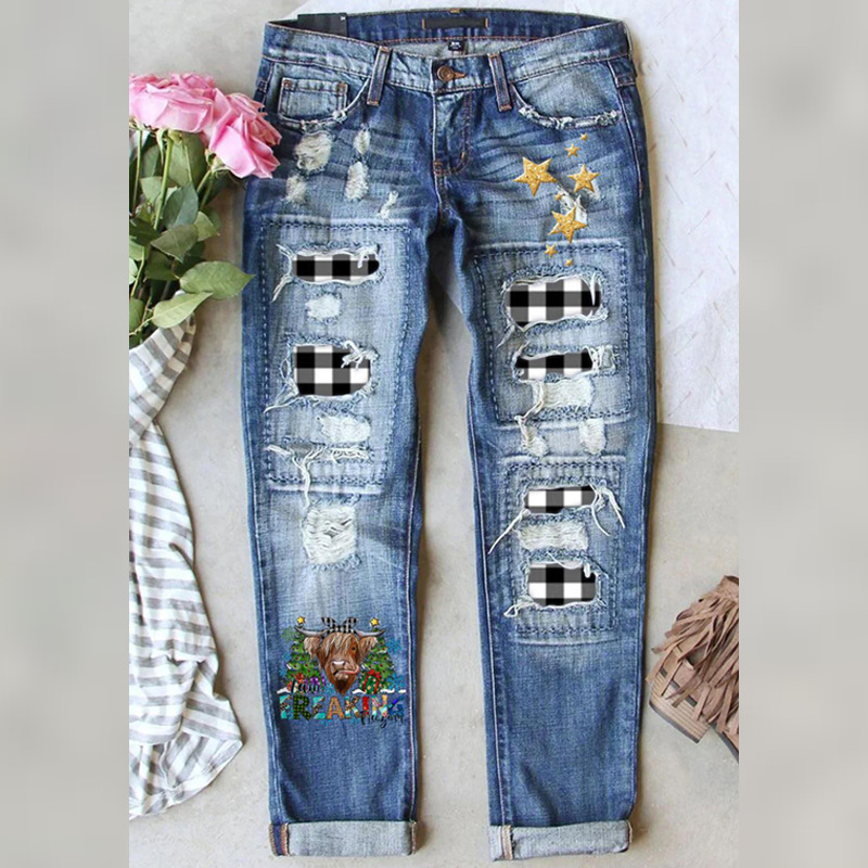 2022 Europe and the United States cross-border Amazon independent station new winter Christmas jeans printed hole thick pants